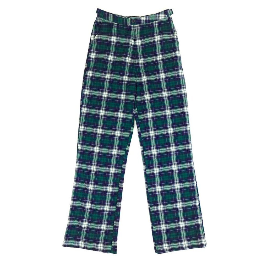 BRANDY MELVILLE Valentina Straight Leg Trouser Buckles Blue Green Preppy Plaid